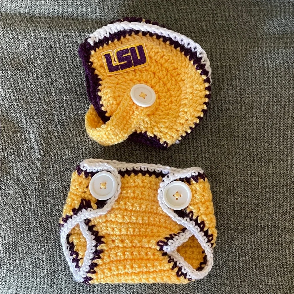 Newborn Handmade Crochet LSU Football Helmet Hat and Diaper Cover Set